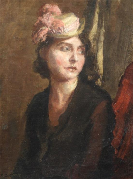 § Sir Robin Guthrie (1902-1971) Portrait of a lady wearing a ribboned hat 17 x 13in.